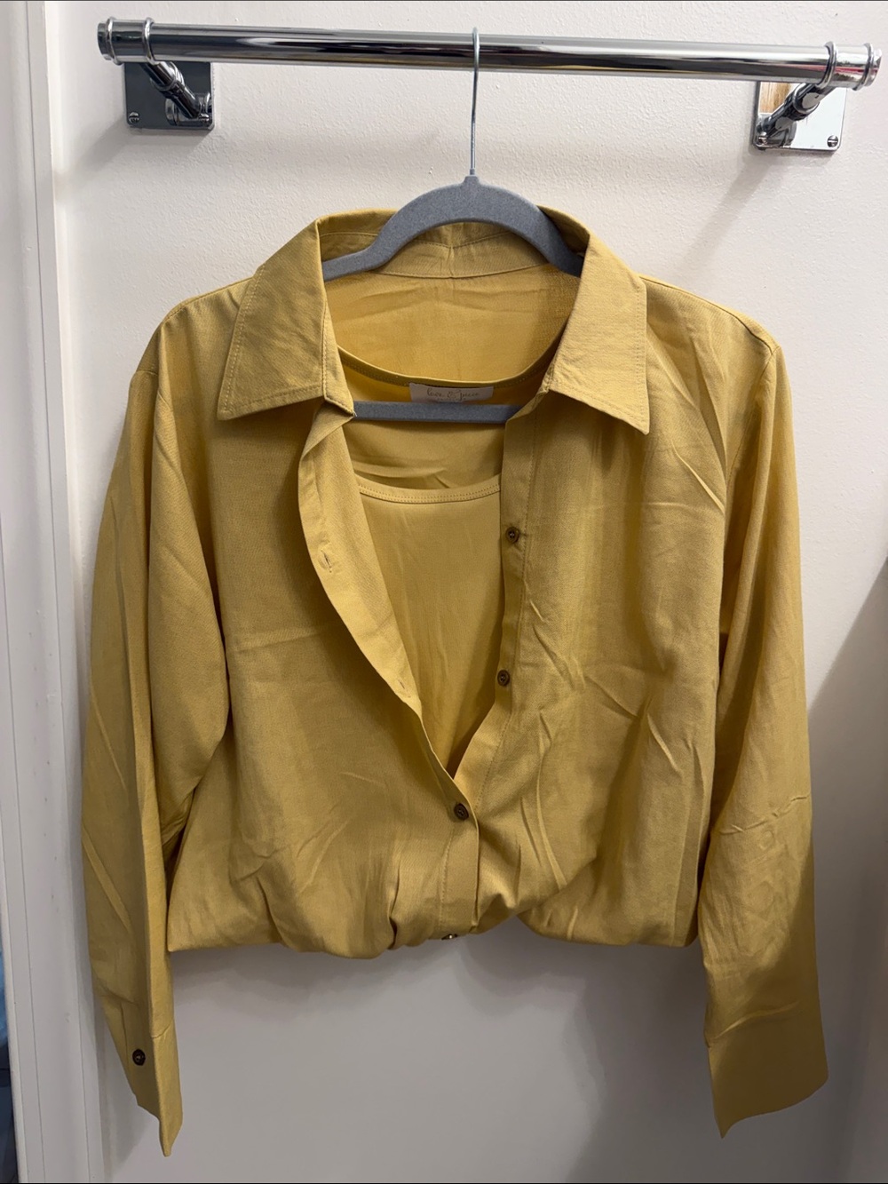 Mustard Yellow Women’s Button-Front Shirt with Tank Top